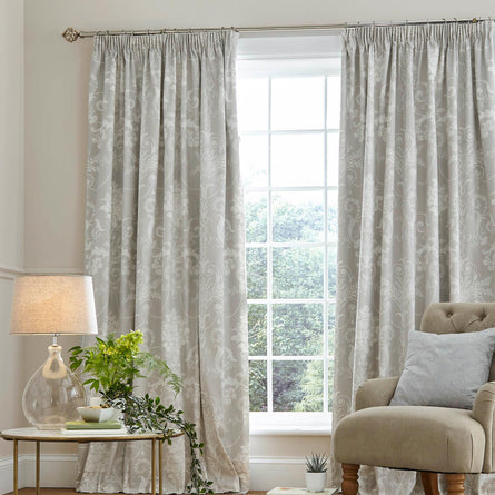 Laura Ashley Josette Dove Grey Blackout Lined Pencil Pleat Curtains, Width 223cm (88") x Drop 183cm (72")