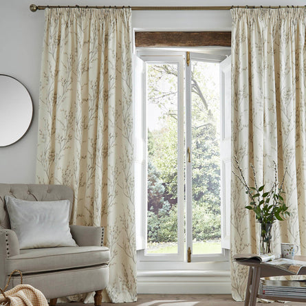 Laura Ashley Pussy Willow Off White - Dove Grey Lined Pencil Pleat Curtains, Width 162cm(64") x Drop 229cm(90")